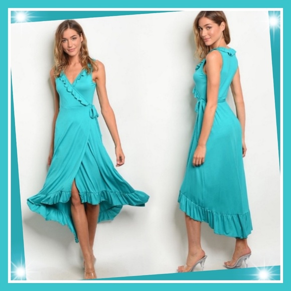 Sweet Claire Dresses & Skirts - SWEET CLAIRE Teal Ruffled V-Neck Wrap Midi Dress L